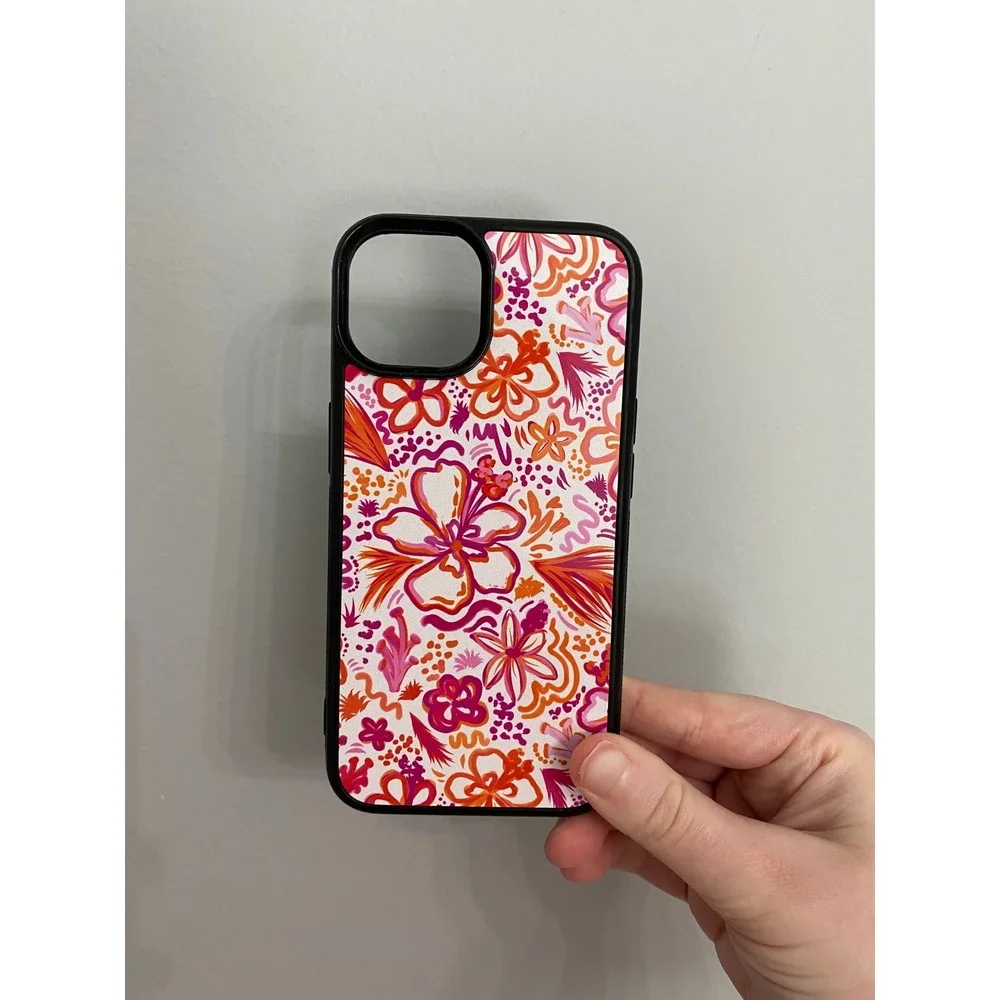 Floral Phone Case iPhone 14 Multicolor Hibiscus Tropical Print Black Bumper